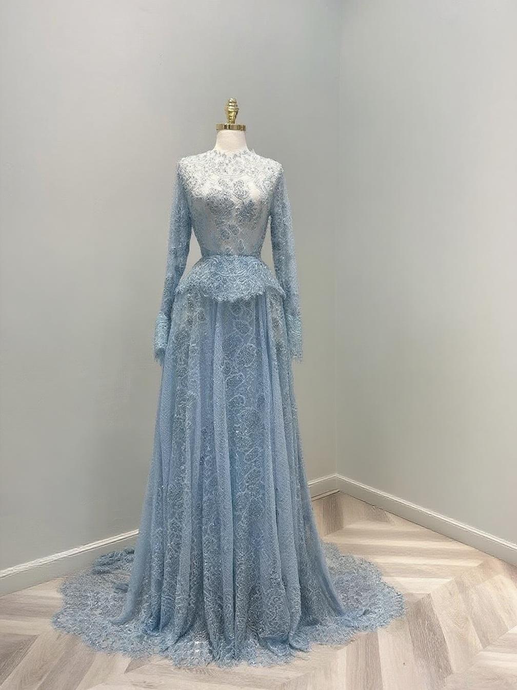High neck long sleeve fully  laced Appqulies Bodice two pieces party dress