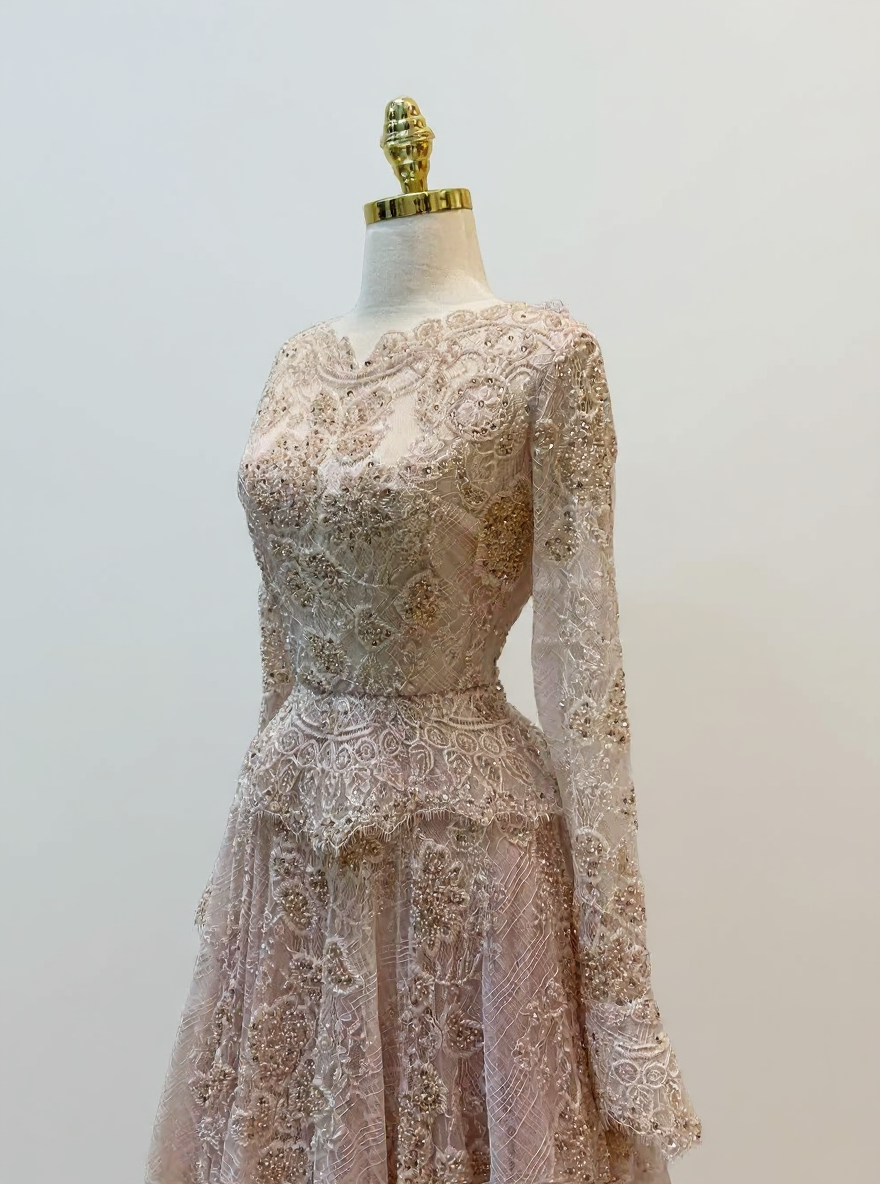 High neck long sleeve fully  laced Appqulies Bodice two pieces party dress