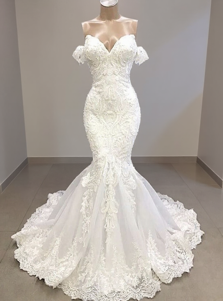 Mermaid style gorgeously lace design bodice off the shoulder short puff sleeve bridal dress  Chapel length