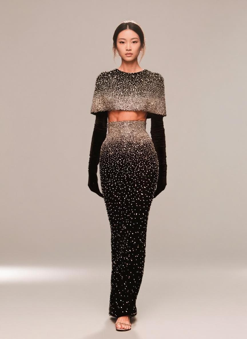 Uniquely designed two parts long sleeve crystal applique fashionable party dress