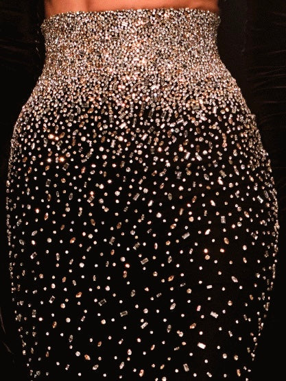 Uniquely designed two parts long sleeve crystal applique fashionable party dress