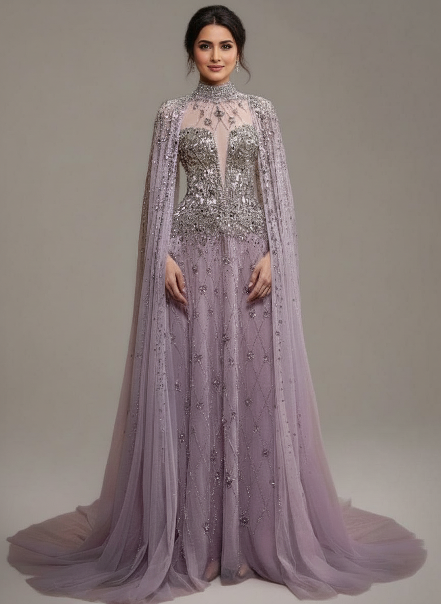 High Neck full sleeve with stunning Crystal Beaded Detailing party dress