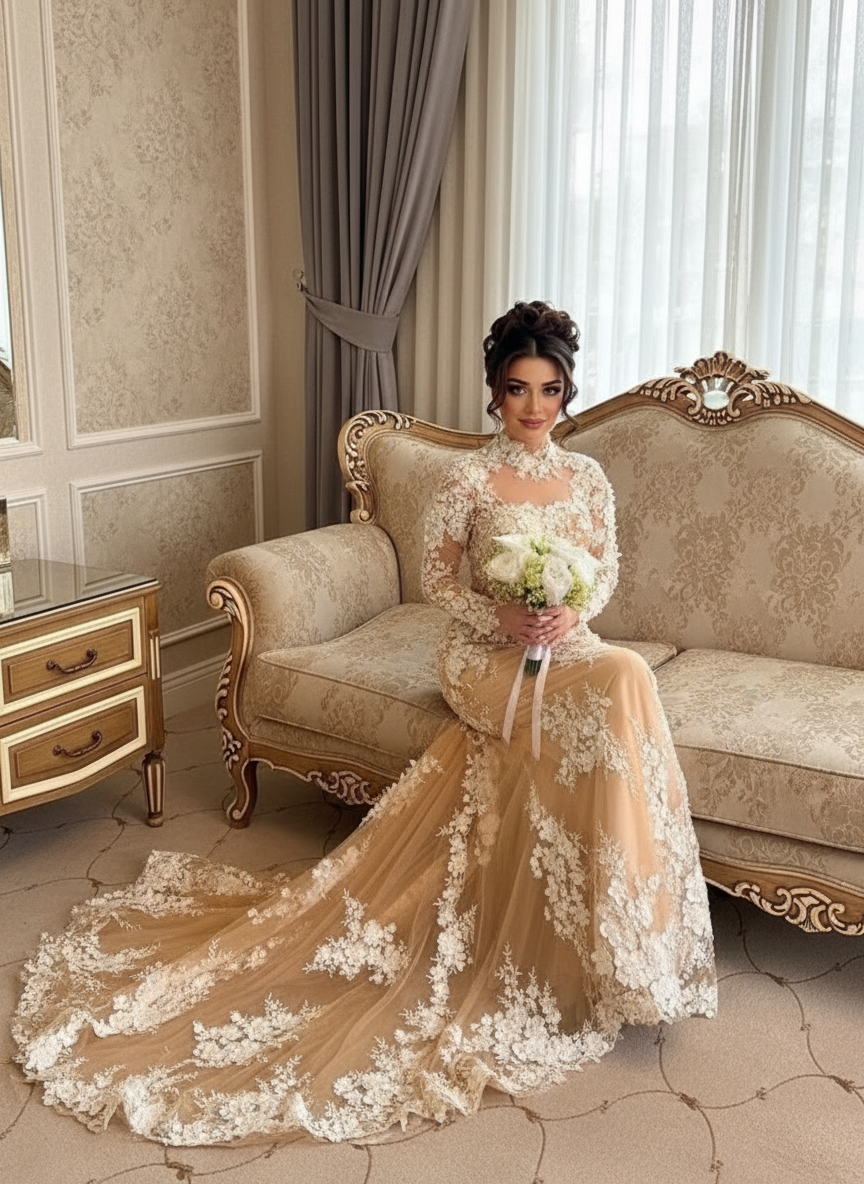 Cathedral length floral lace long sleeve bridal and ceremony gown