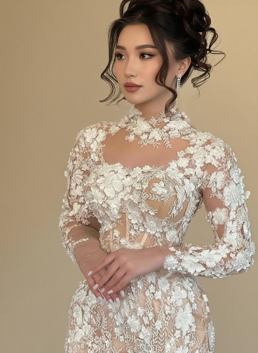 Cathedral length floral lace long sleeve bridal and ceremony gown
