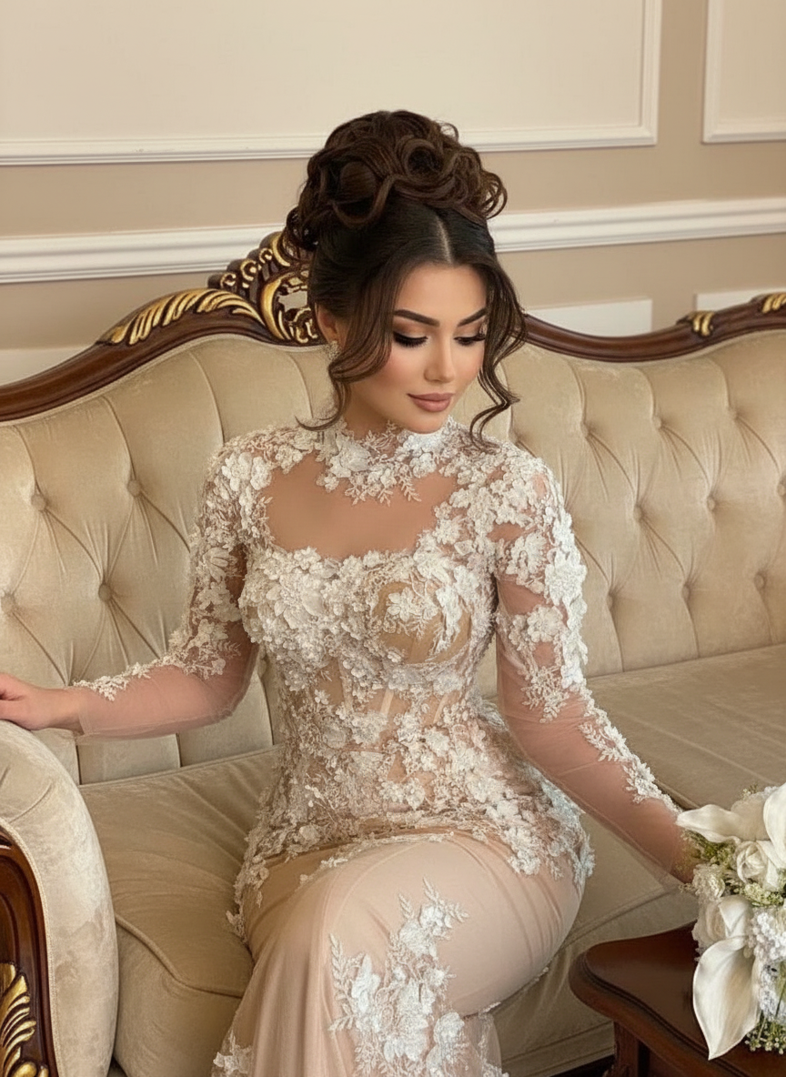 Cathedral length floral lace long sleeve bridal and ceremony gown
