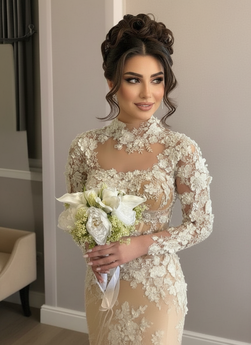 Cathedral length floral lace long sleeve bridal and ceremony gown