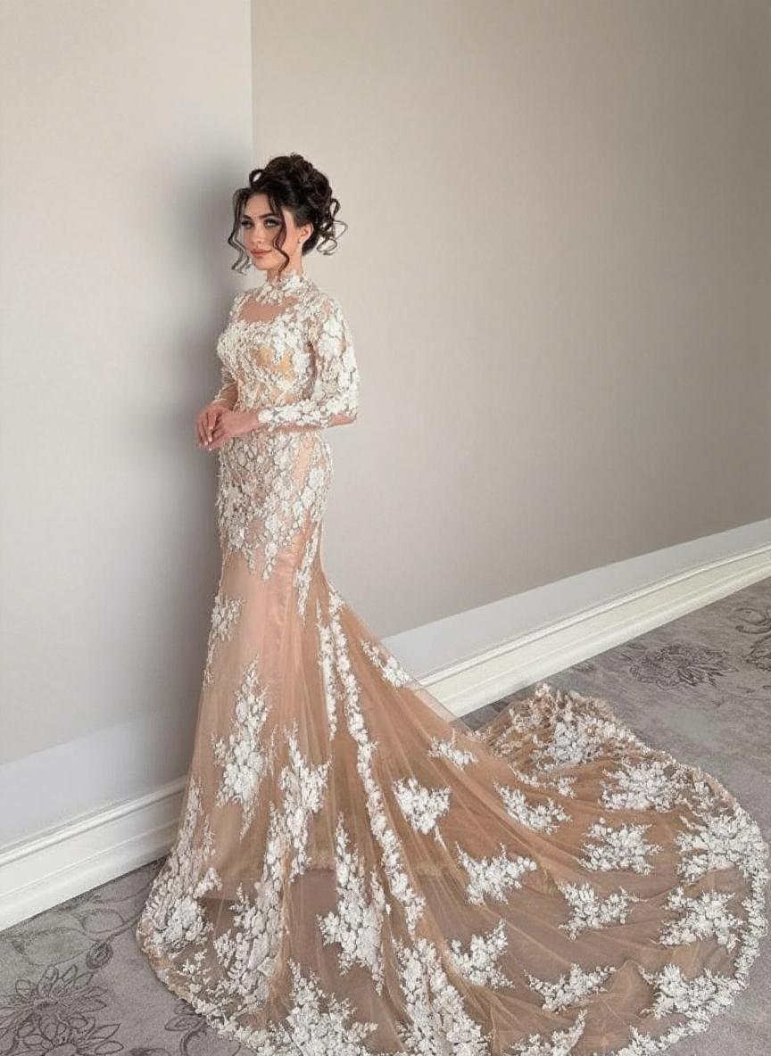 Cathedral length floral lace long sleeve bridal and ceremony gown