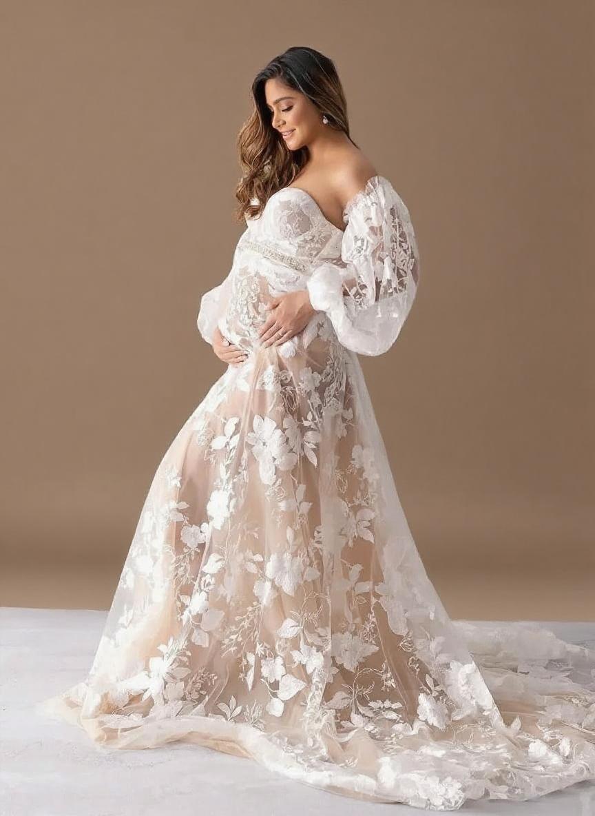 Maternity off the shoulder long sleeve chapel length lace ceremony dress