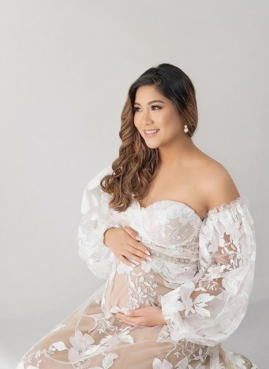 Maternity off the shoulder long sleeve chapel length lace ceremony dress