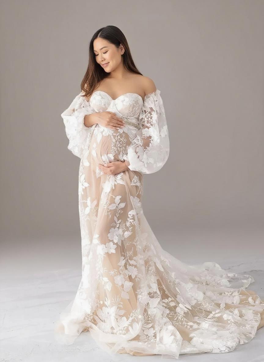 Maternity off the shoulder long sleeve chapel length lace ceremony dress