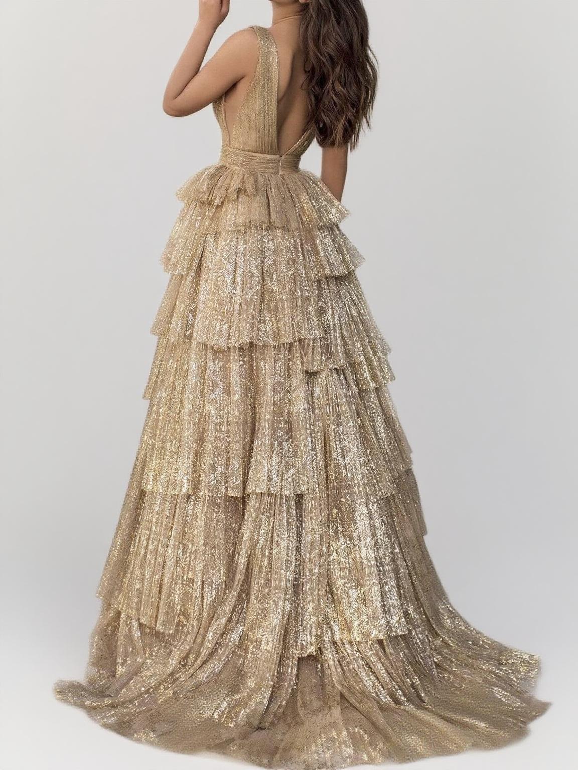 Straps A line sweep length party dress golden color