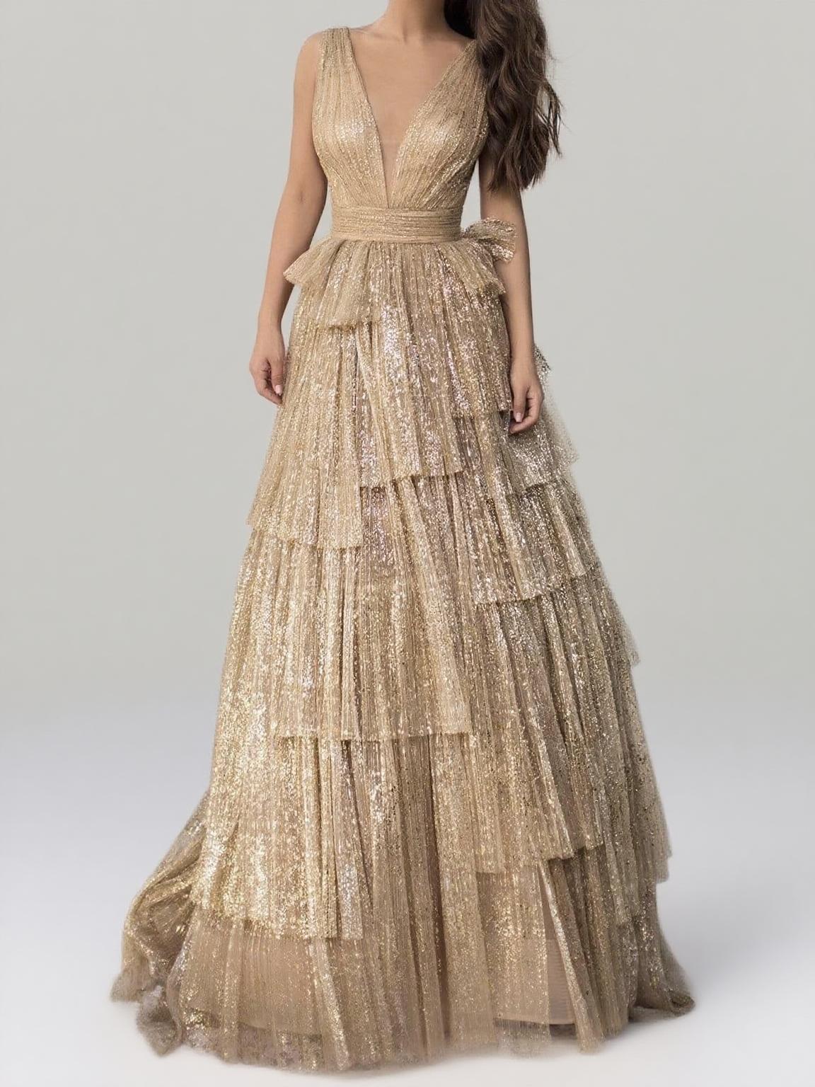 Straps A line sweep length party dress golden color