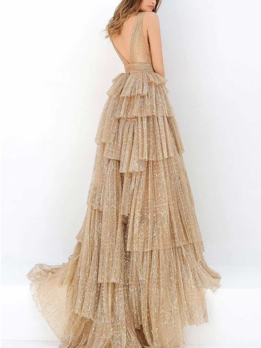 Straps A line sweep length party dress golden color