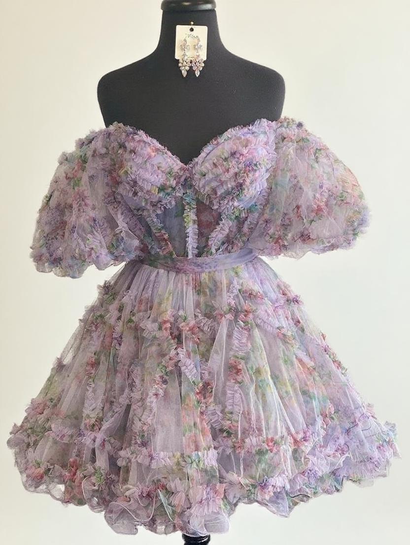 Floral Print Off Shoulder Puff Sleeve Short Dress