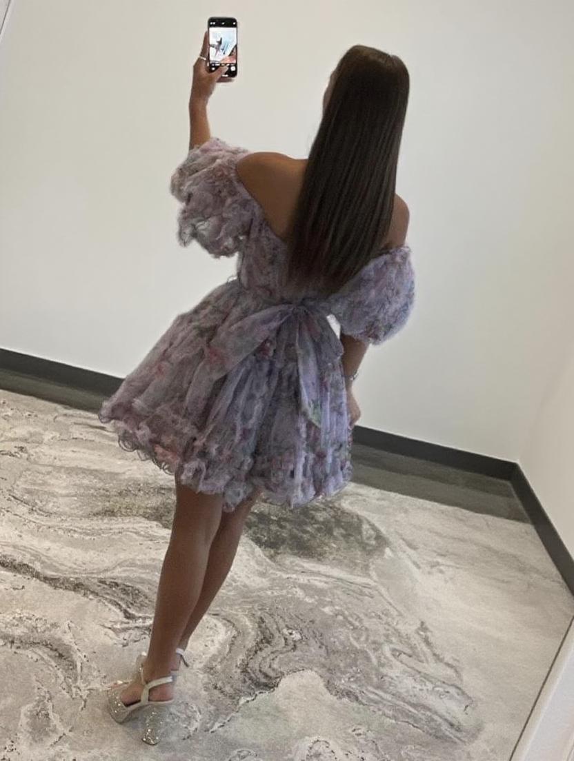 Floral Print Off Shoulder Puff Sleeve Short Dress