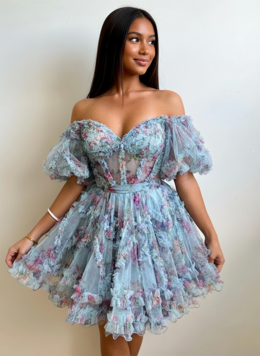 Floral Print Off Shoulder Puff Sleeve Short Dress