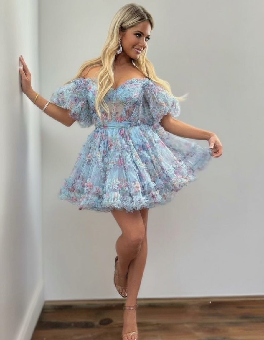 Floral Print Off Shoulder Puff Sleeve Short Dress