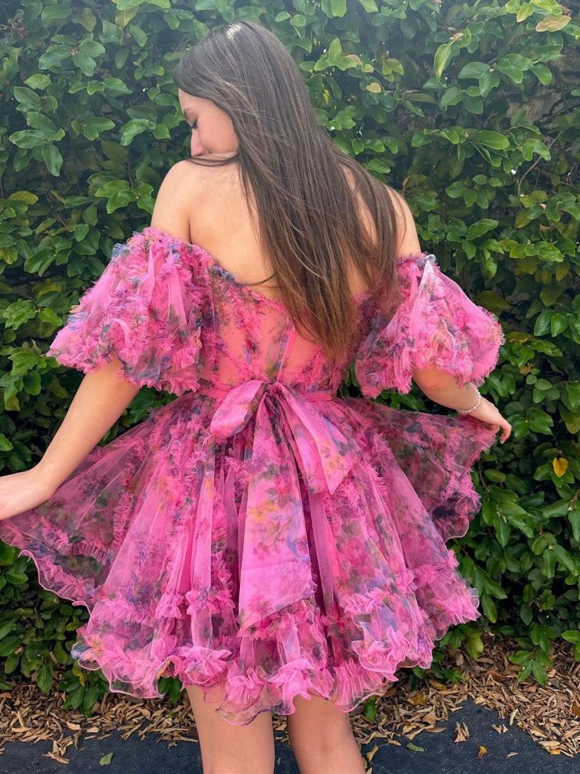 Floral Print Off Shoulder Puff Sleeve Short Dress