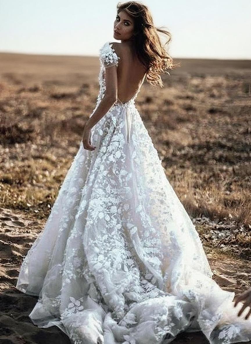 Ivory A-line Lace Appliqued   Deep V short sleeve Chapel length wedding dress