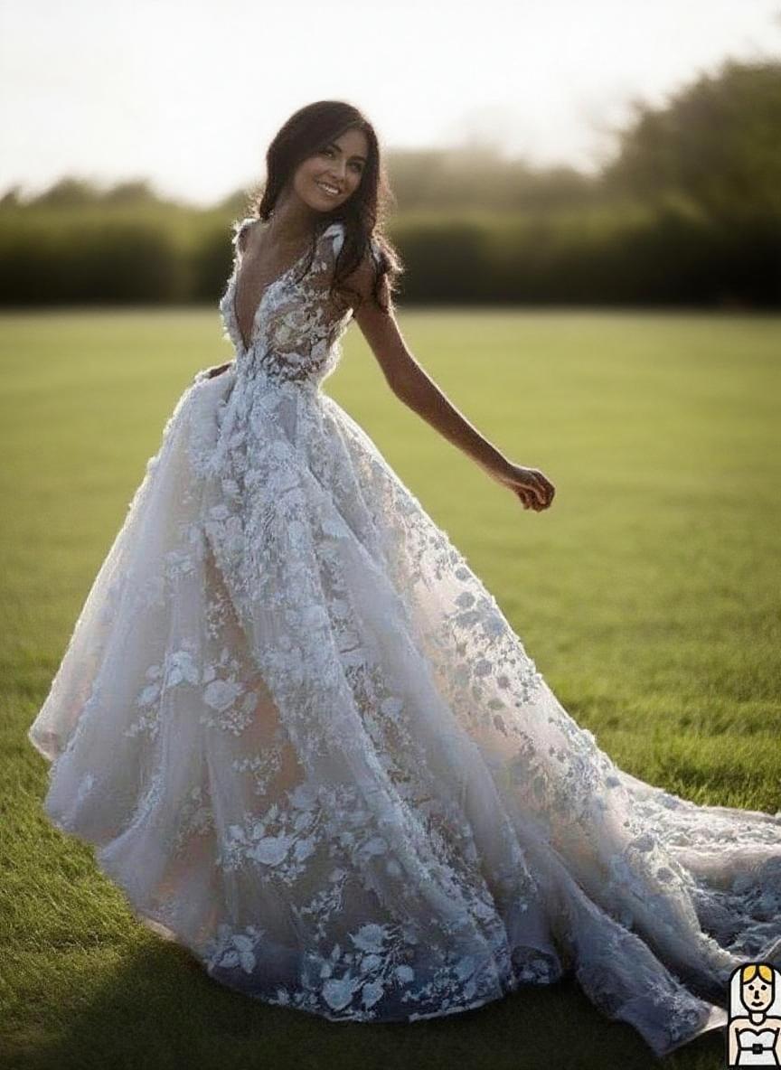 Ivory A-line Lace Appliqued   Deep V short sleeve Chapel length wedding dress