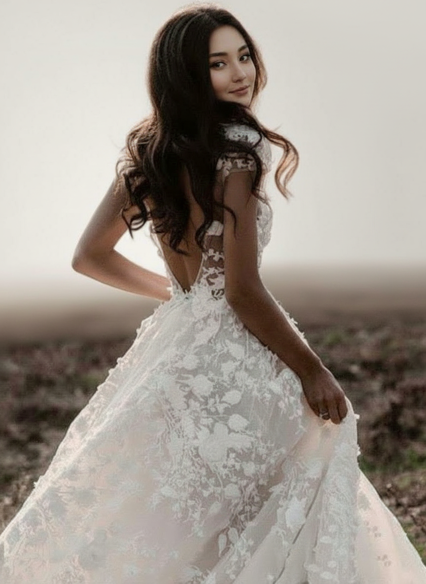 Ivory A-line Lace Appliqued   Deep V short sleeve Chapel length wedding dress