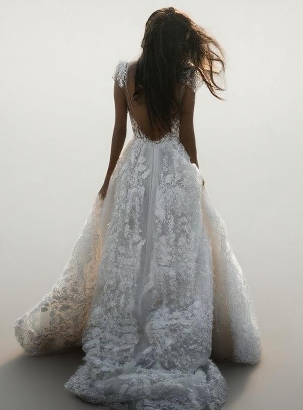 Ivory A-line Lace Appliqued   Deep V short sleeve Chapel length wedding dress