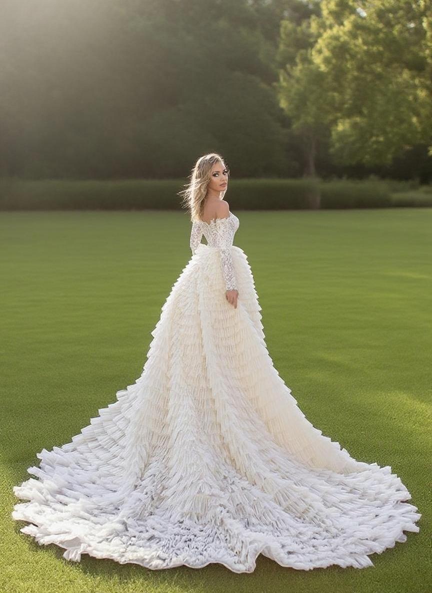 Long sleeve low back cathedral length with detachable overskirt bridal dress