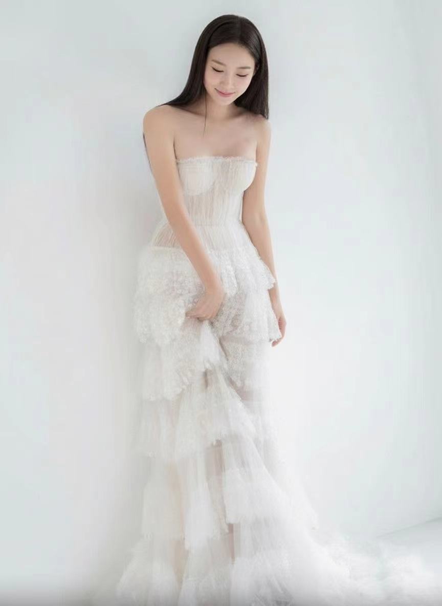 Off the shoulder Tiered layered chapel length beautiful bridal dress