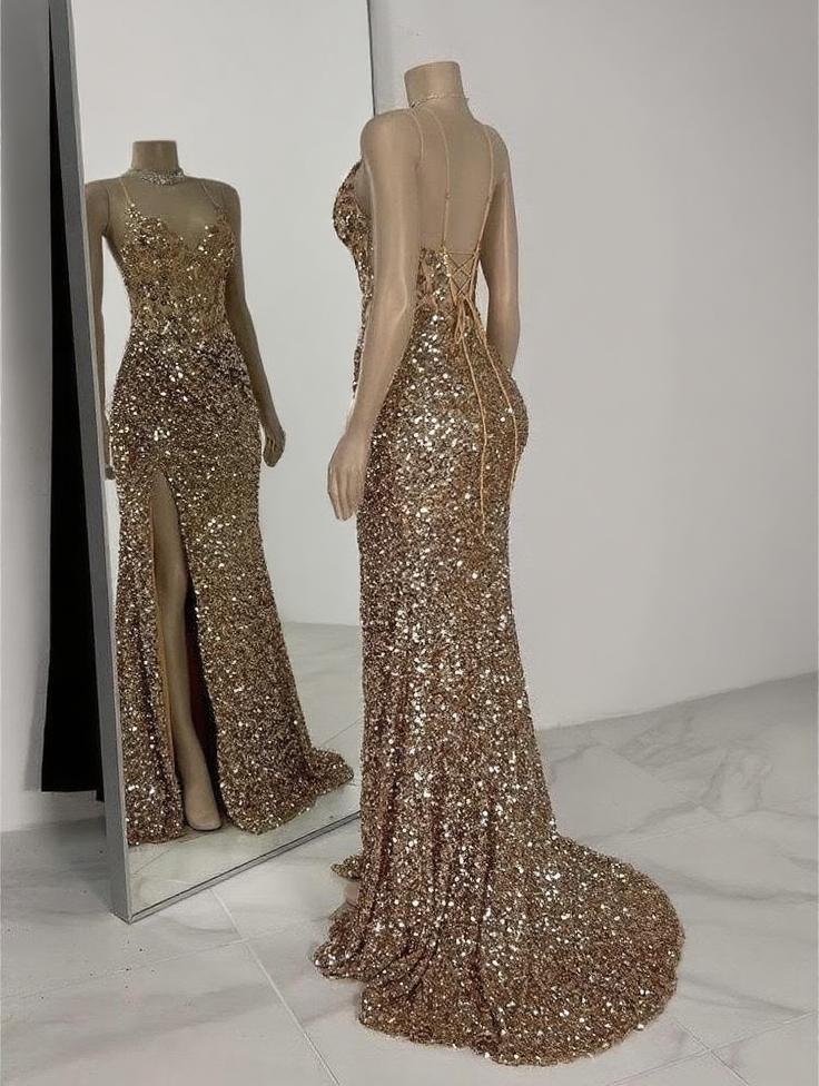 Fashionable High Slit Backless Sequin Party Dress