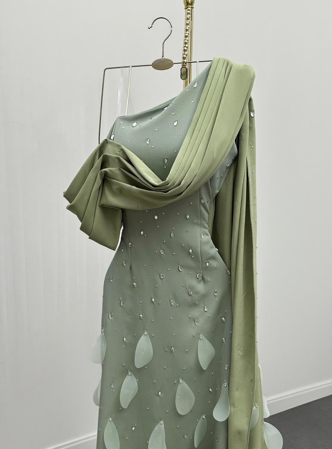 Uniquely designed Embroidery and side cape floor length party and ceremony dress