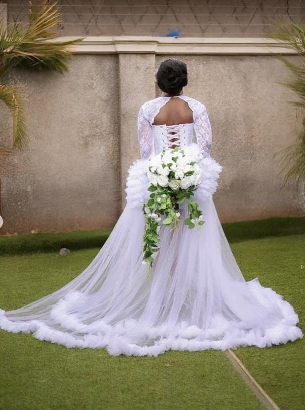 Gorgeous floral puff long sleeve chapel length bridal dress