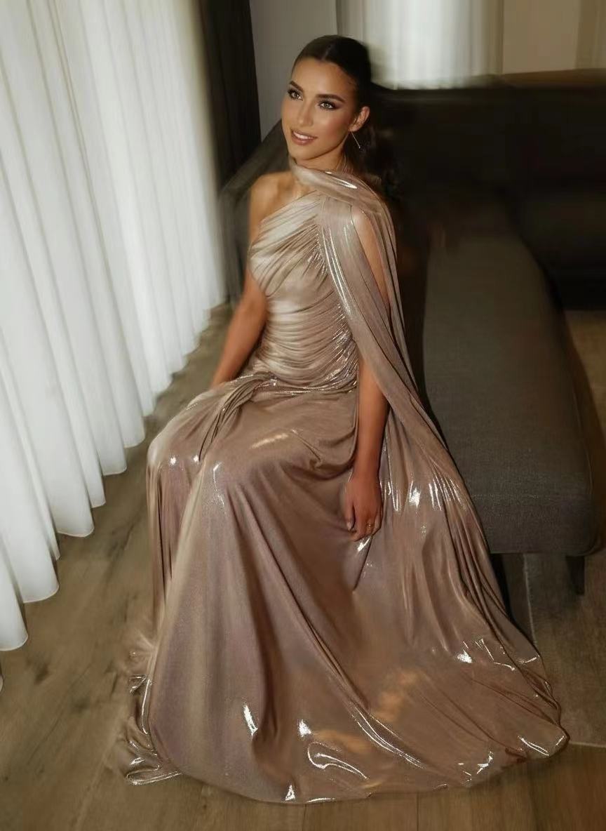 One shoulder shiny prom dress court length
