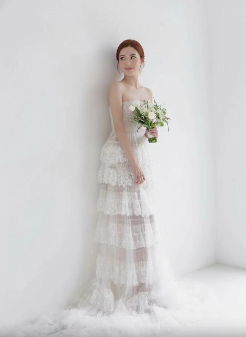 Off the shoulder Tiered layered chapel length beautiful bridal dress