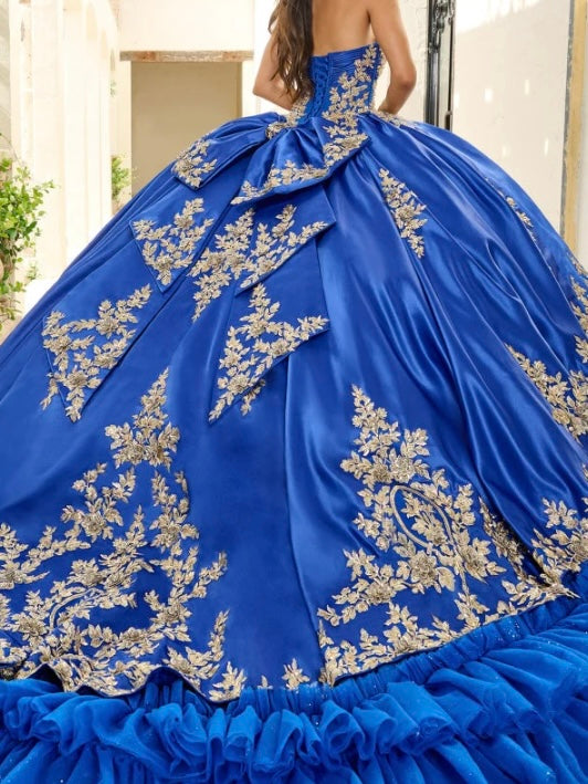 Gorgeously designed royal blue chapel length off the shoulder sleeveless ball gown