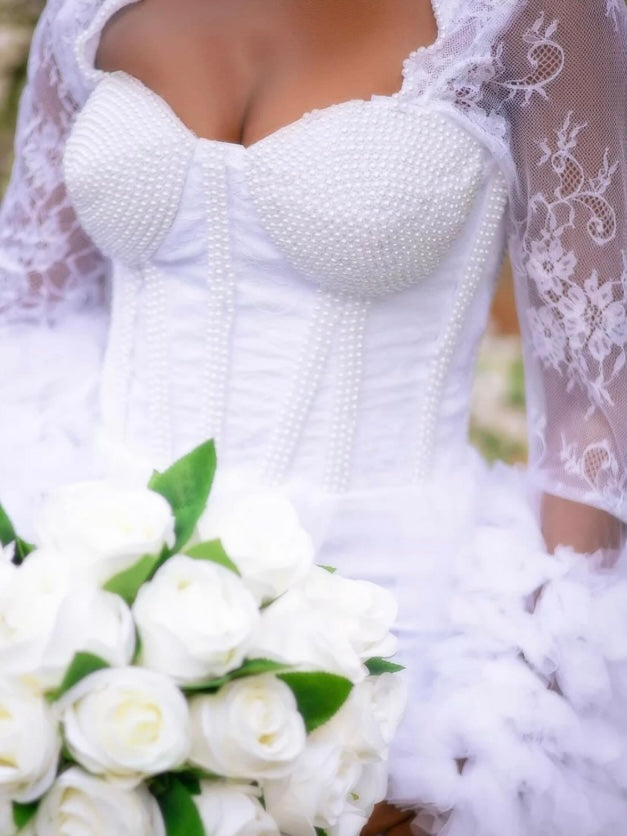 Gorgeous floral puff long sleeve chapel length bridal dress