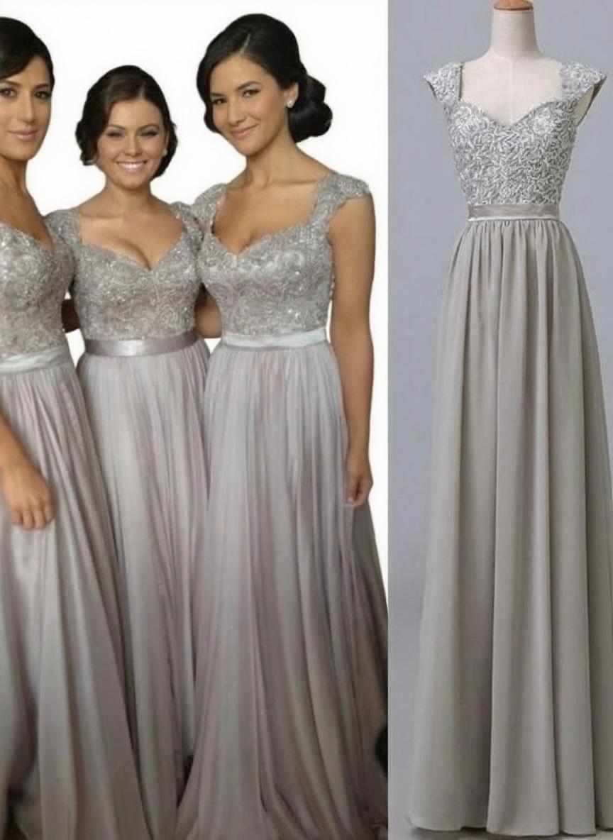 Lace design upper part and chiffon skirt sleeveless floor length bridesmaid dress