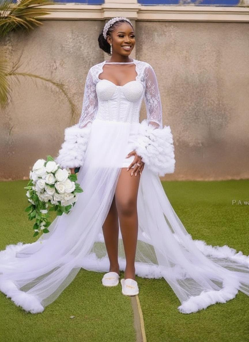 Gorgeous floral puff long sleeve chapel length bridal dress