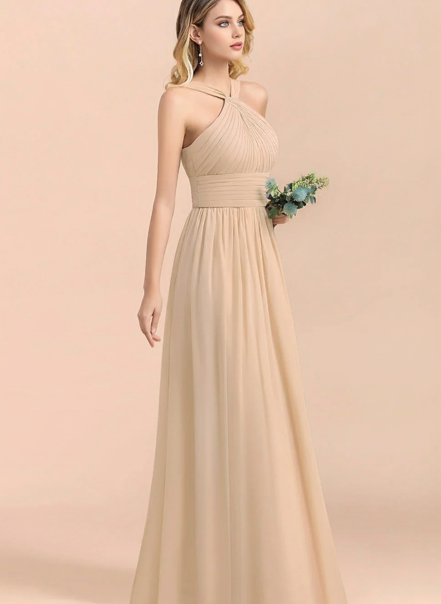 Satin sleeveless floor length square shape back bridal party and prom dress