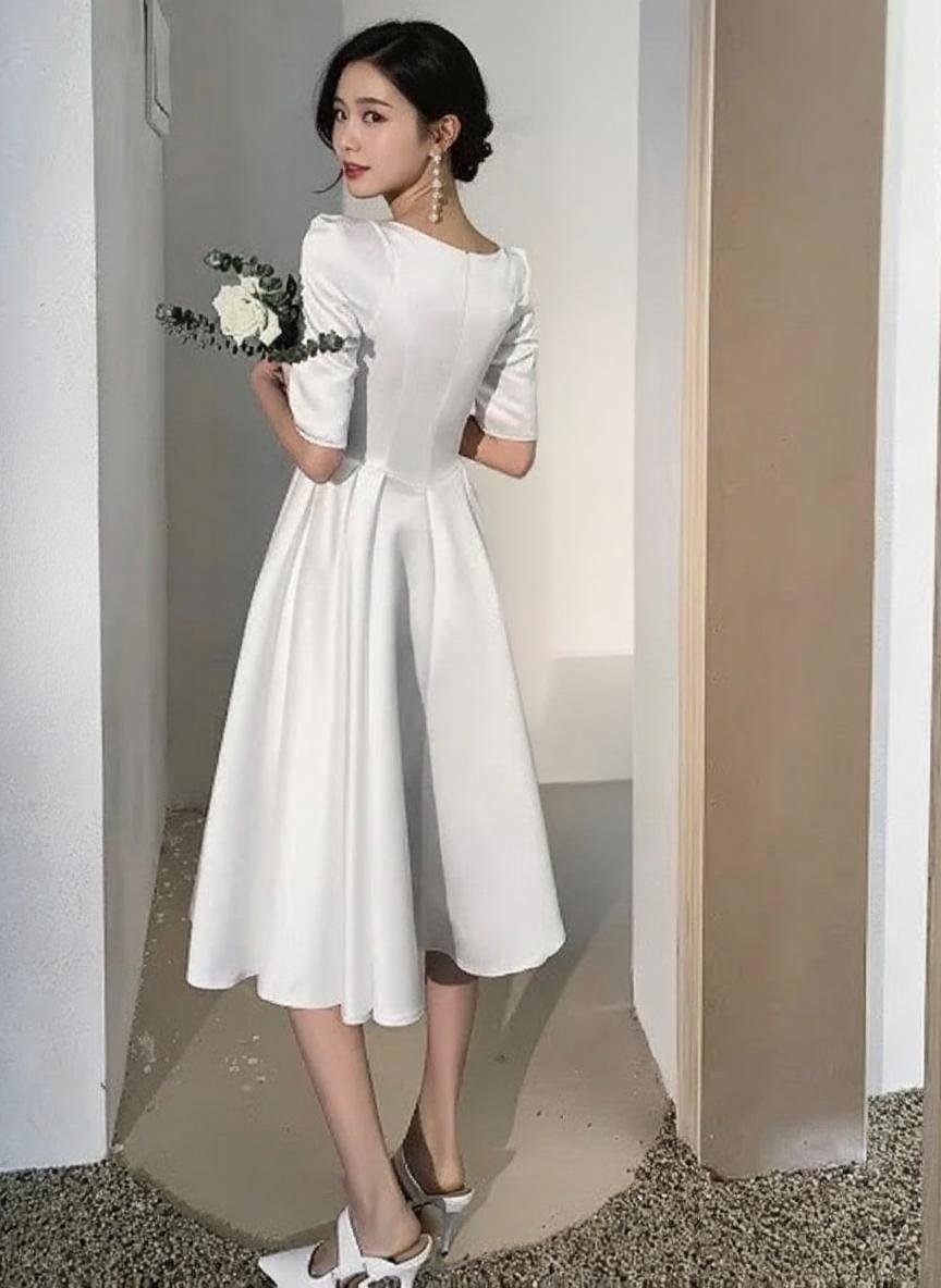 Satin Quartar length short sleeve Bridal and bridesmaid dress