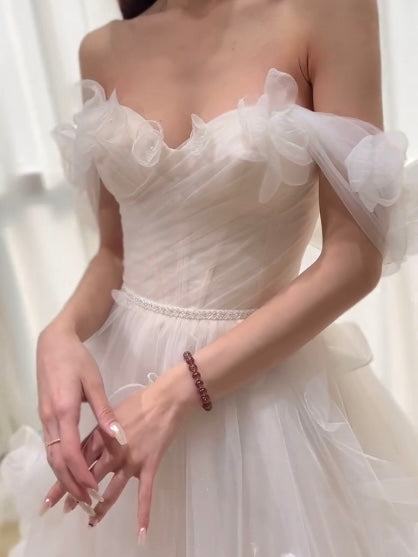 Yarn and lace floral off the shoulder side straps bridal and party gown