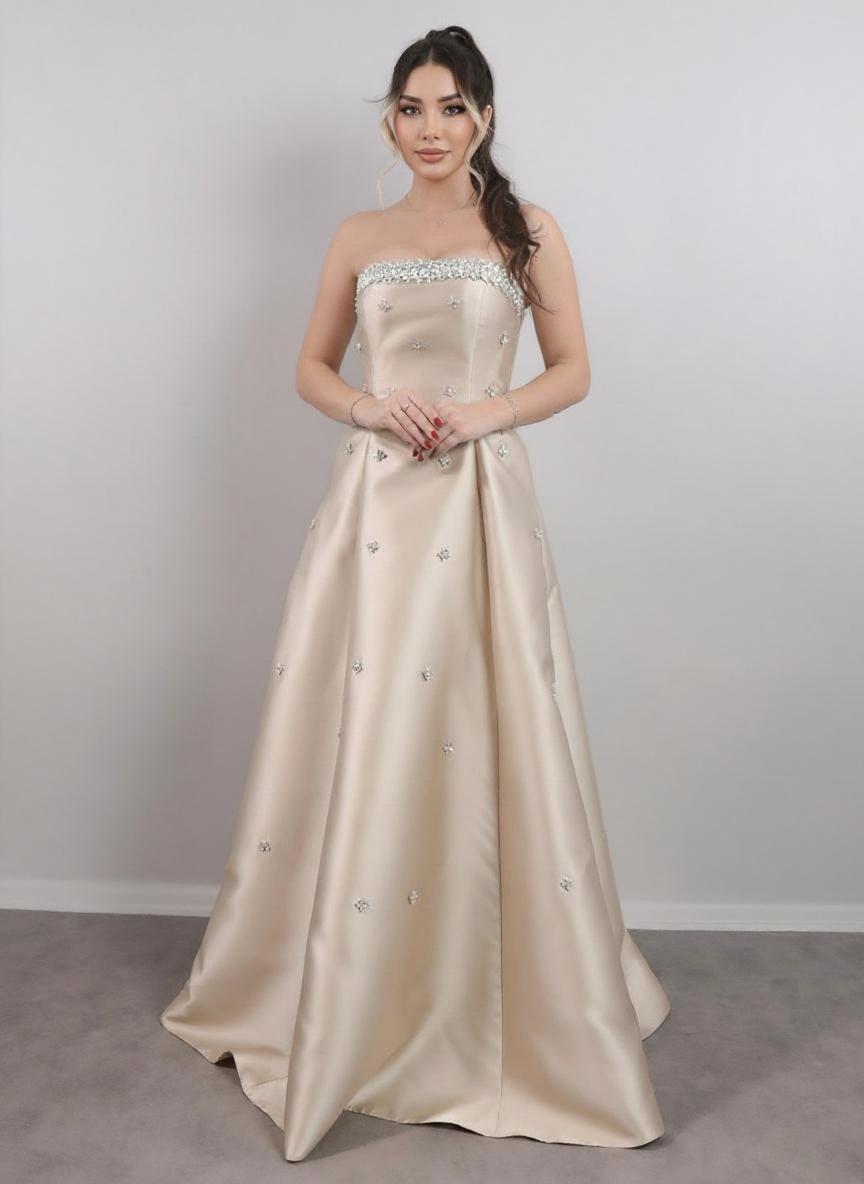 Satin Sleevelss off the shoulder with lace borderline feet length party dress