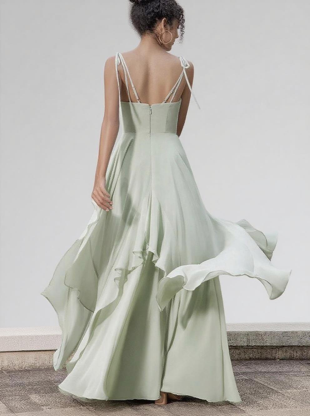 Chiffon A-line Bridesmaid Dresses V-neck Bow Spaghetti Straps Layered Ruffle