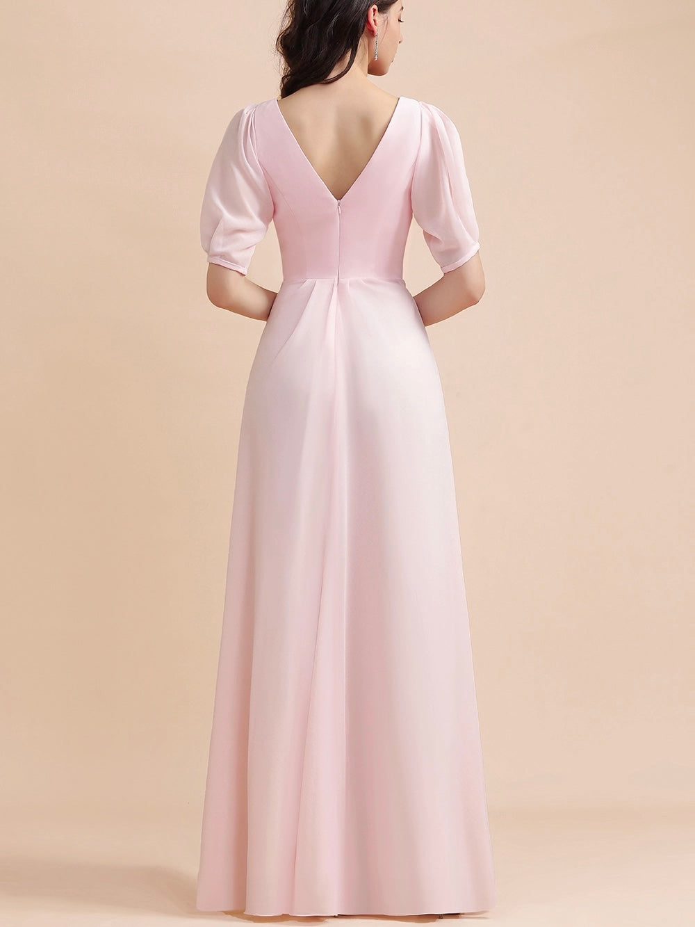 Satin sleeveless floor length V neck bridal party and prom dress pink color