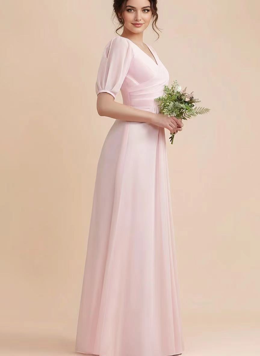 Satin sleeveless floor length V neck bridal party and prom dress pink color