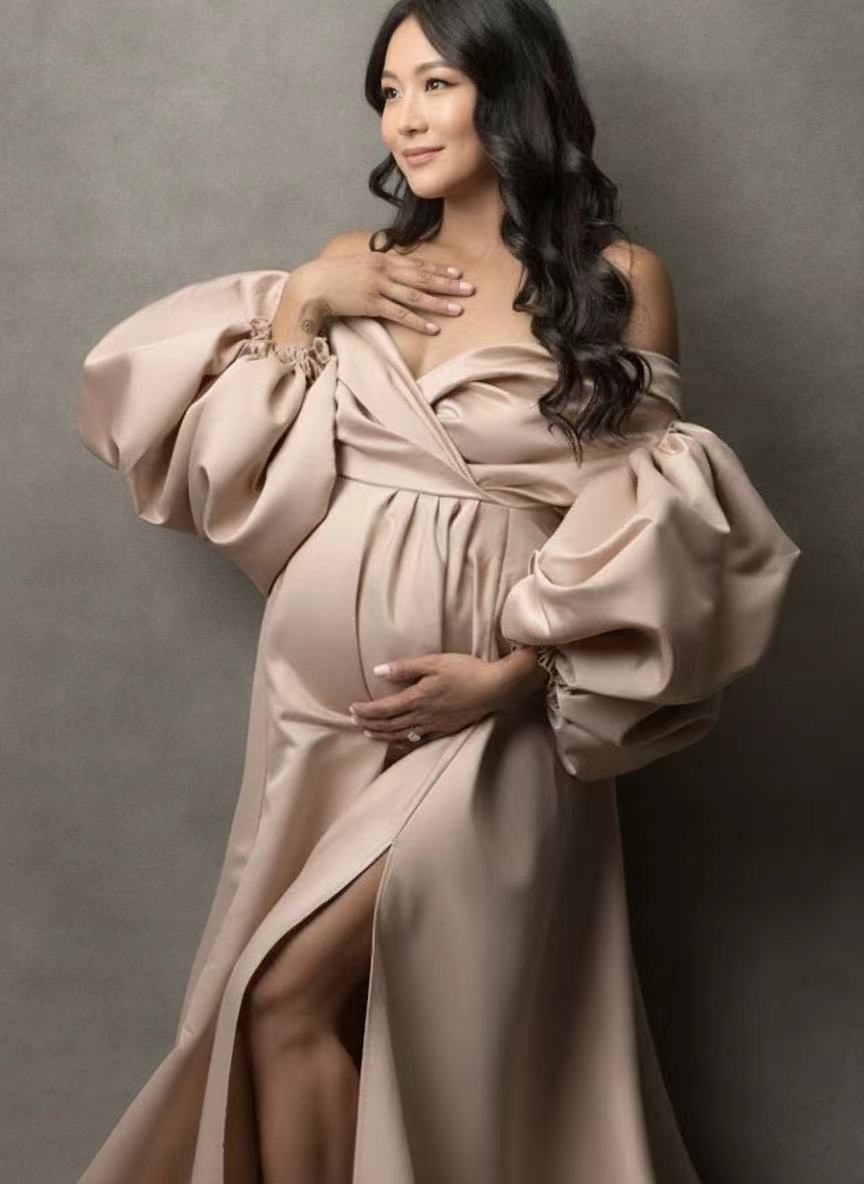 Satin Maternity gown off the shoulder puff long sleeve formal gown