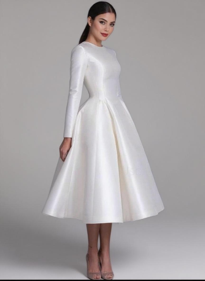 Satin long sleeve covered high round neck pure white plain formal party dress