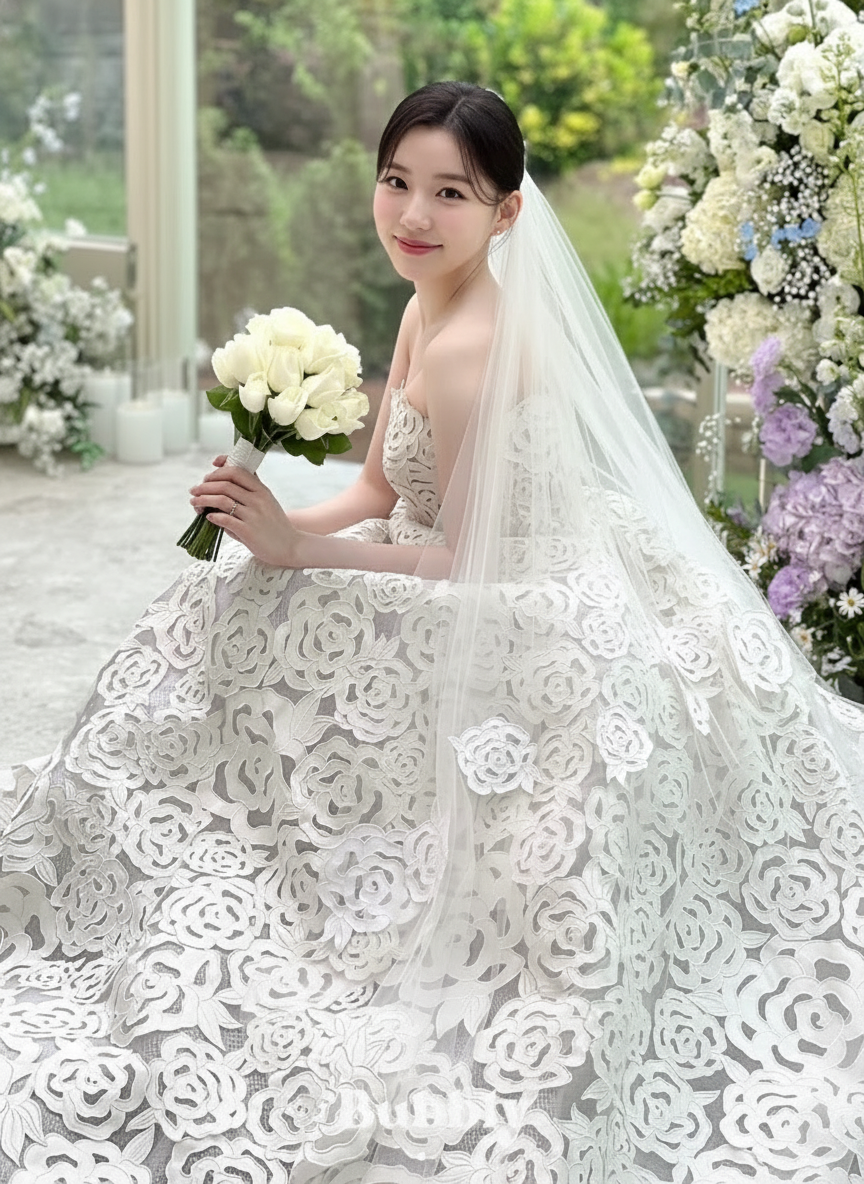 Stunning floral design lace off the shoulder floor length with veil bridal gown