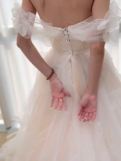 Yarn and lace floral off the shoulder side straps bridal and party gown