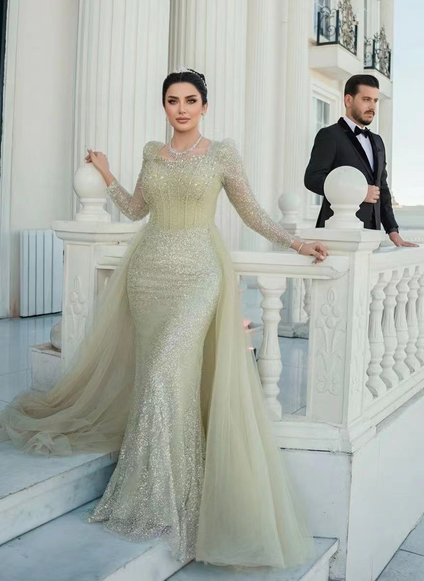 Sequined panel train long sleeves square neck gorgeous bridal dress