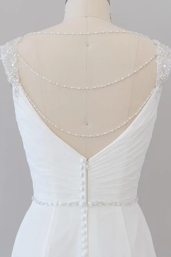 Court length Elegant Ruffle Beading Chiffon Sheath Wedding Dress